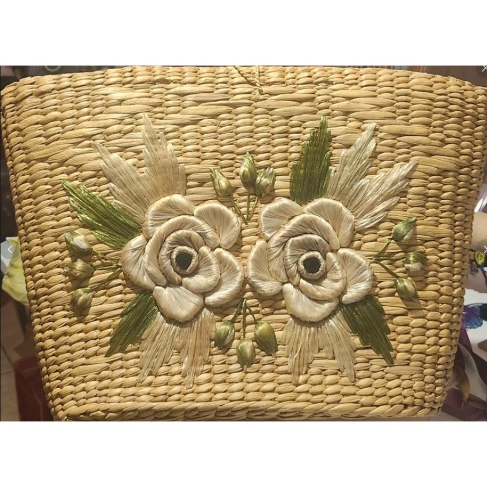 Vintage 60's Raffia Straw Floral Tote Bag 3D Roses Large Tan Woven Beach Bag